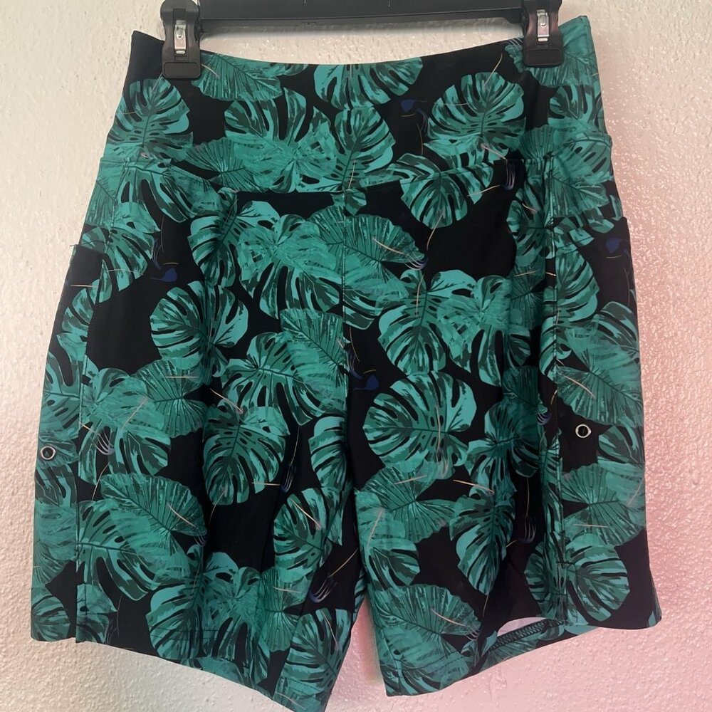 Gradual‎ Shorts Adult M Green Black Leaf Plants Brief Lined Active Stretch Swim